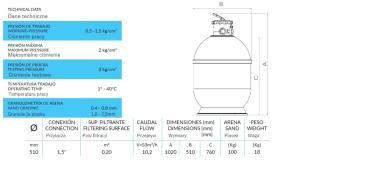 Tebas Sandfilteranglage Syrius II 510 mm mit oberen Ventil 1 1/2", max. Durchfluss 9,0 m³/h - 100 kg Sand